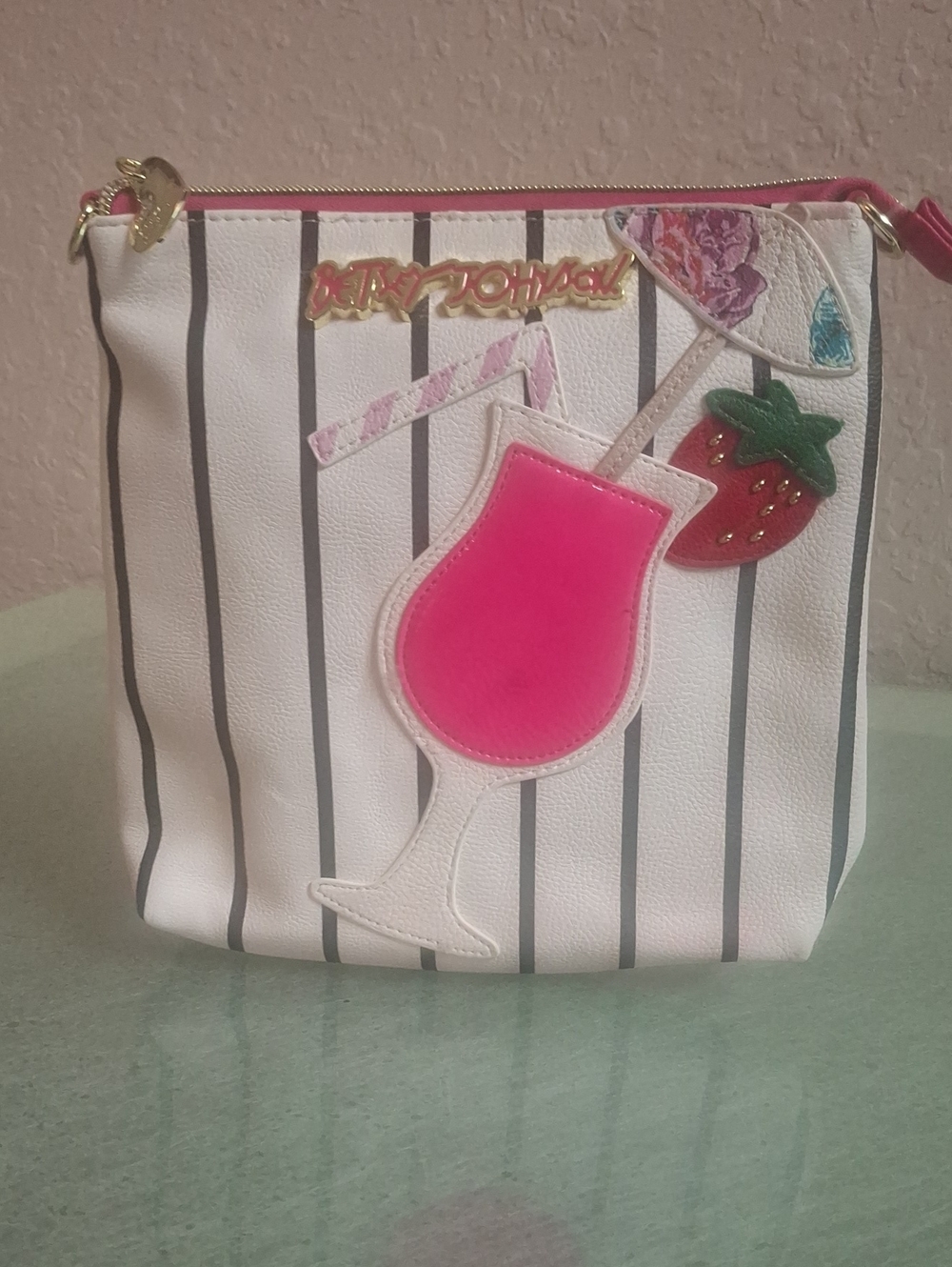 Betsey Johnson White Black Stripe Crossbody with Bright Pink Cocktail Applique